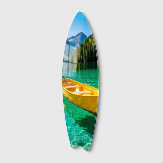 Turkuaz Göl Dağ Manzaralı Sarı Kayık Surf Board Cam Tablo