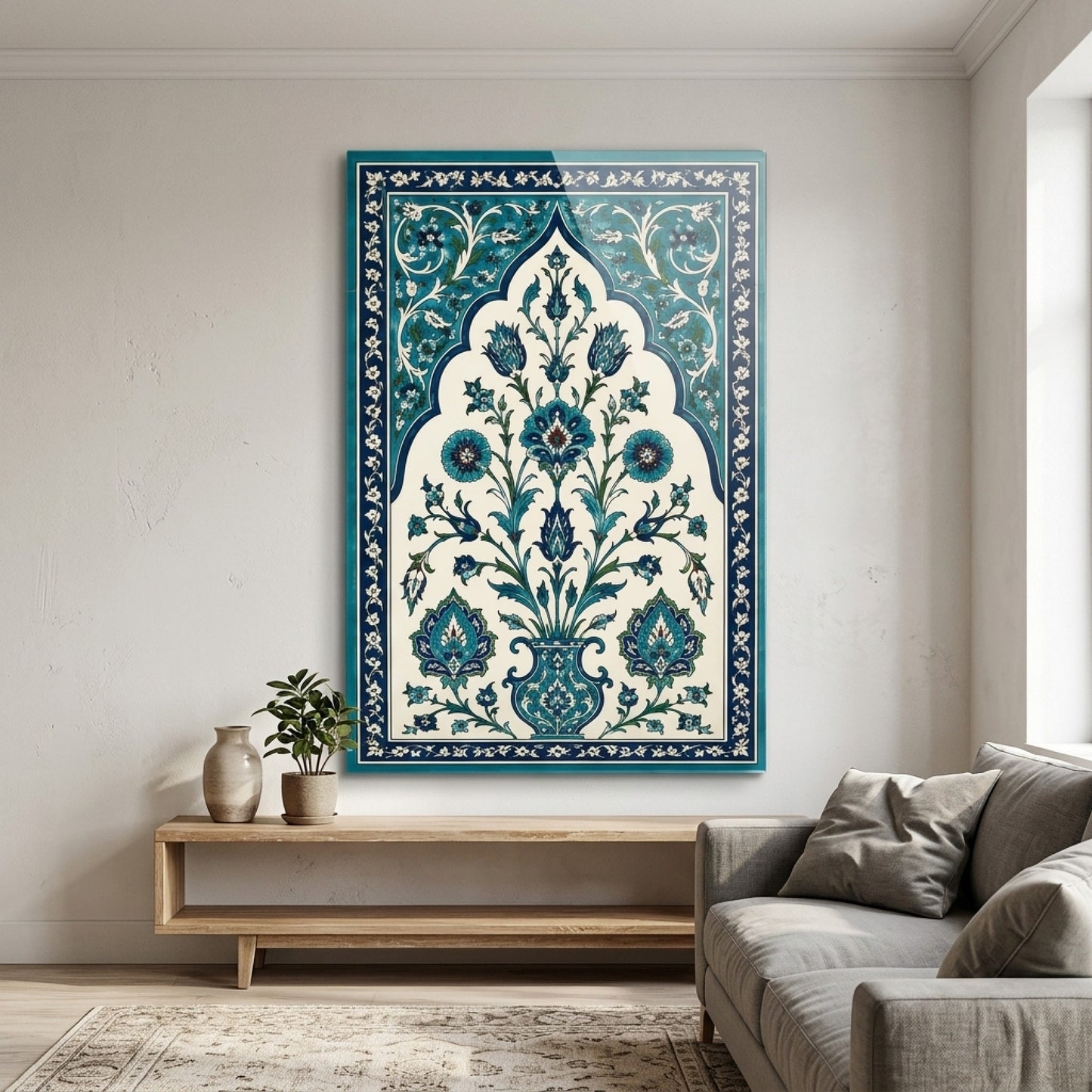 Geleneksel İznik Çini Deseni Dikey Cam Tablo