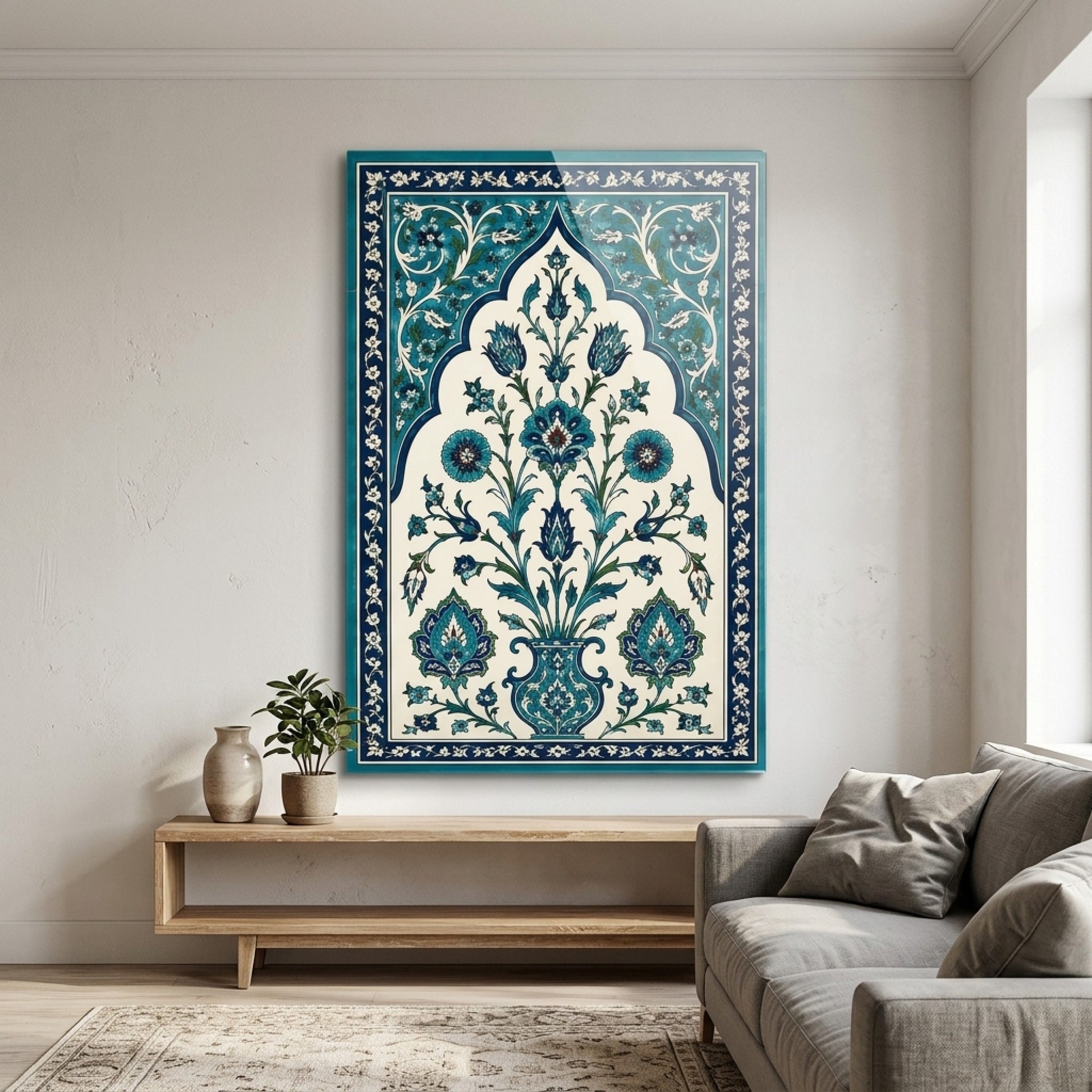 Geleneksel İznik Çini Deseni Dikey Cam Tablo