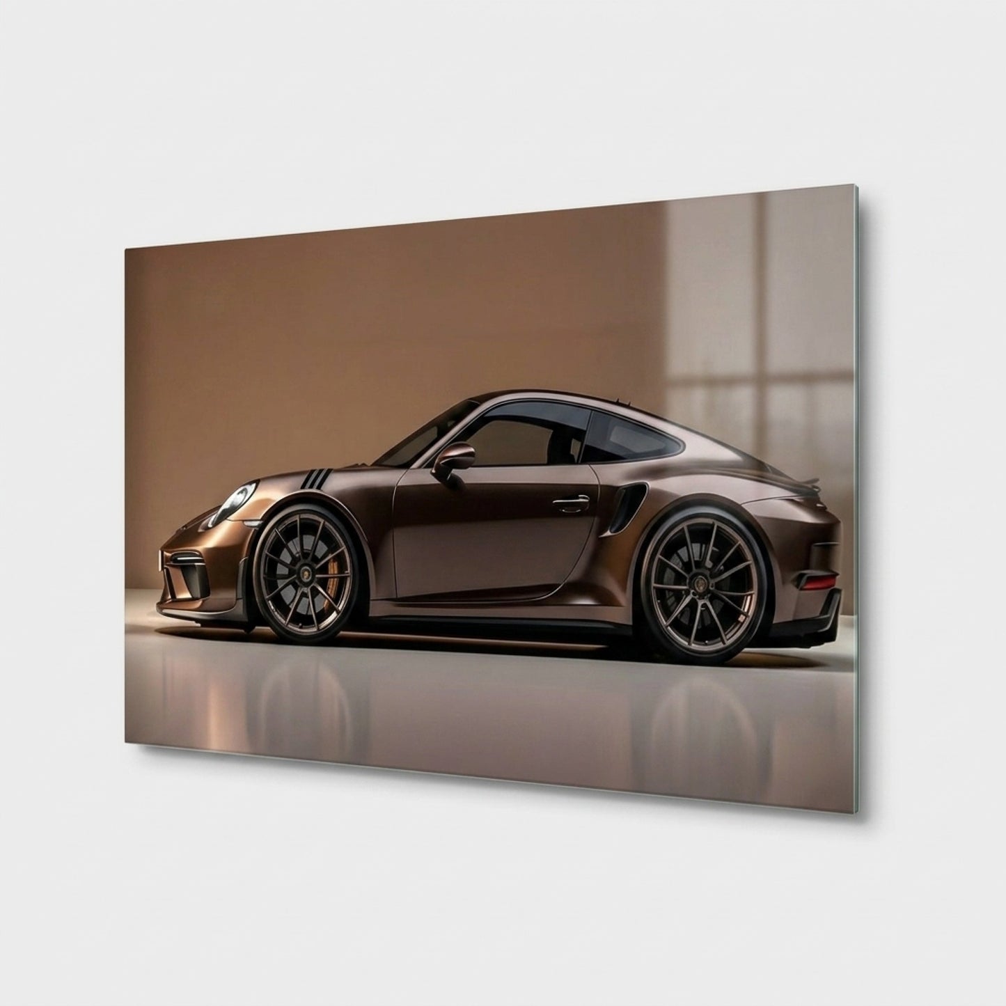 Modern Kahverengi Porsche Spor Araba Profili Yatay Cam Tablo
