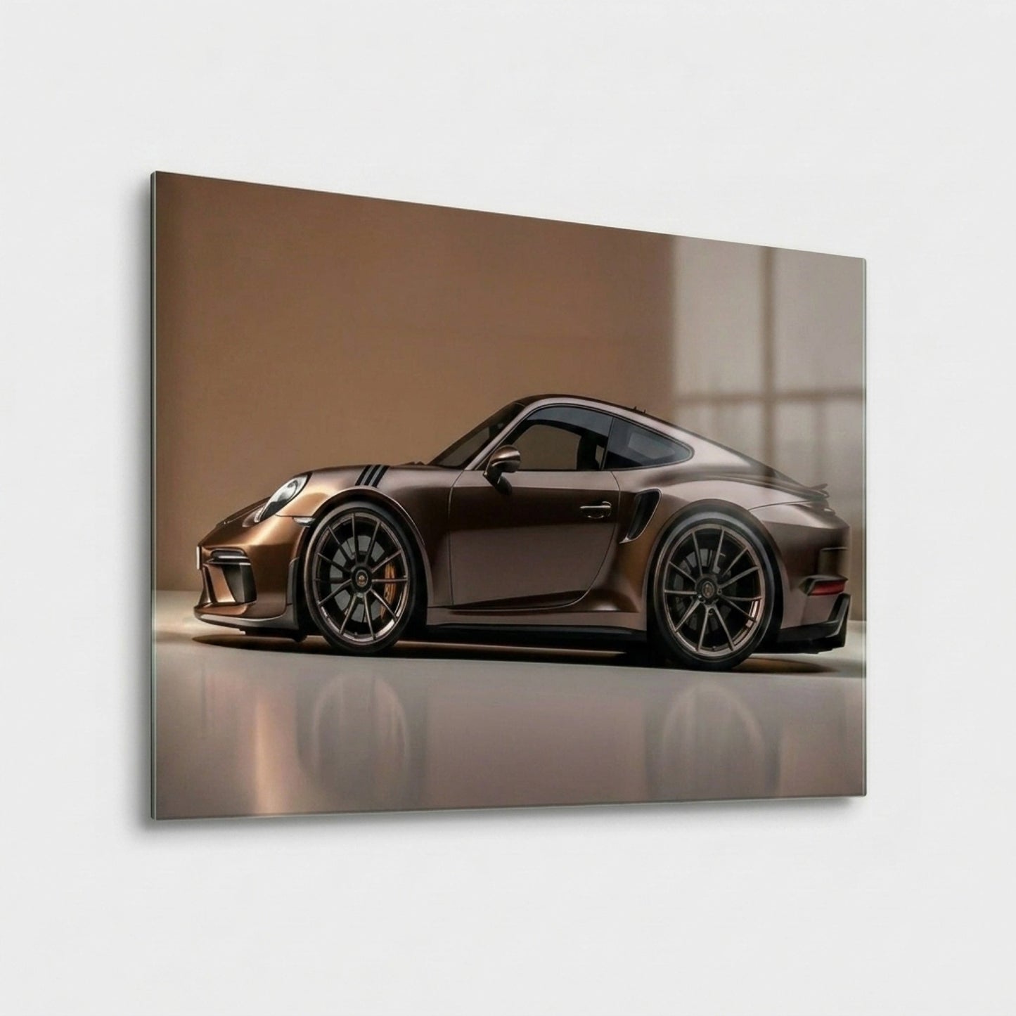 Modern Kahverengi Porsche Spor Araba Profili Yatay Cam Tablo