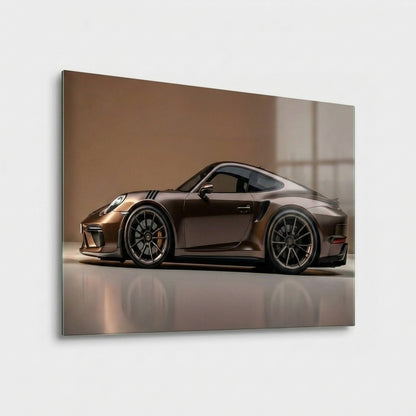 Modern Kahverengi Porsche Spor Araba Profili Yatay Cam Tablo