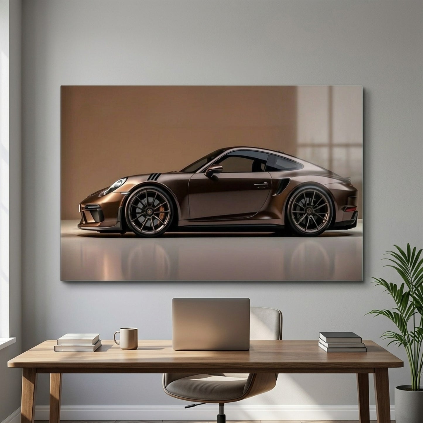 Modern Kahverengi Porsche Spor Araba Profili Yatay Cam Tablo