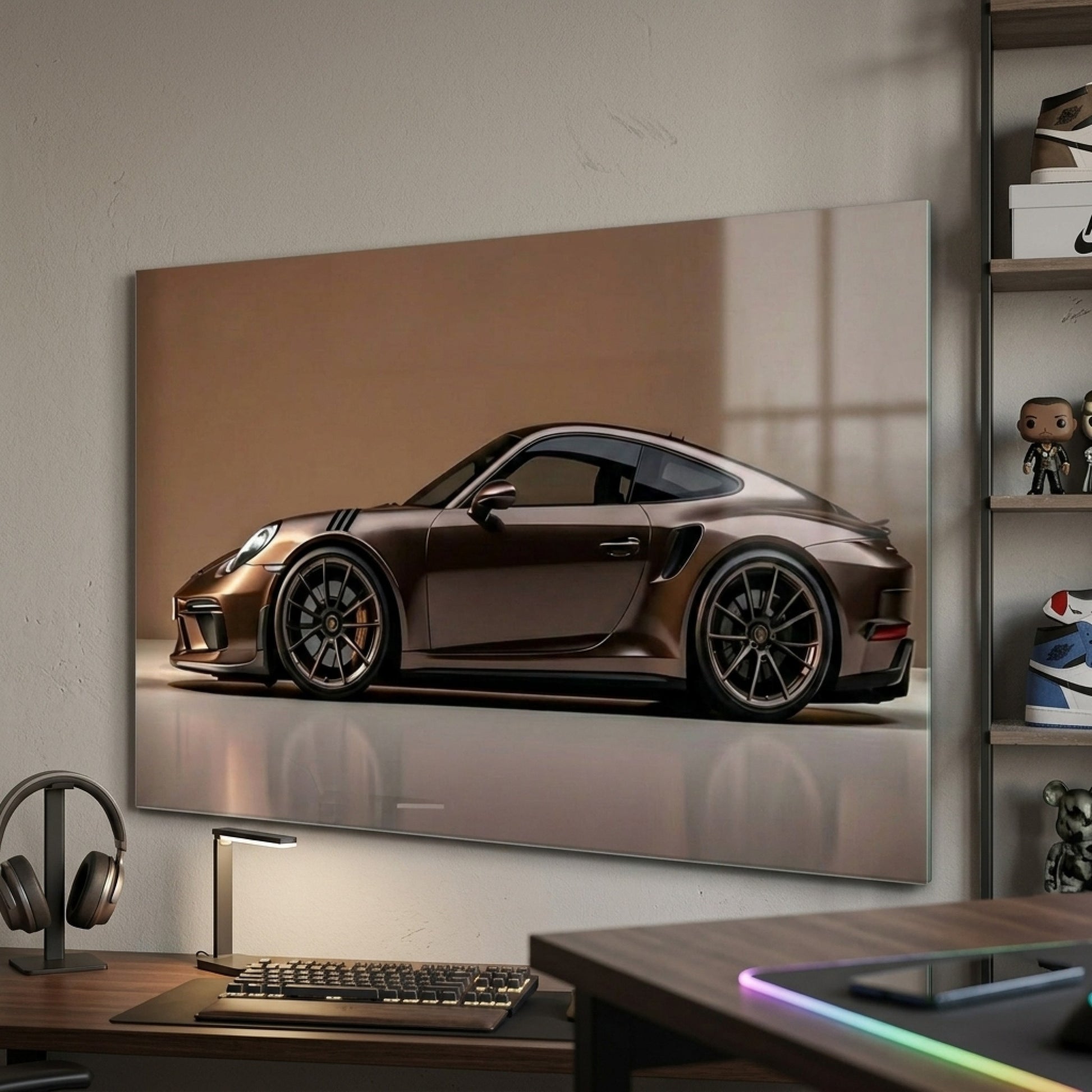 Modern Kahverengi Porsche Spor Araba Profili Yatay Cam Tablo