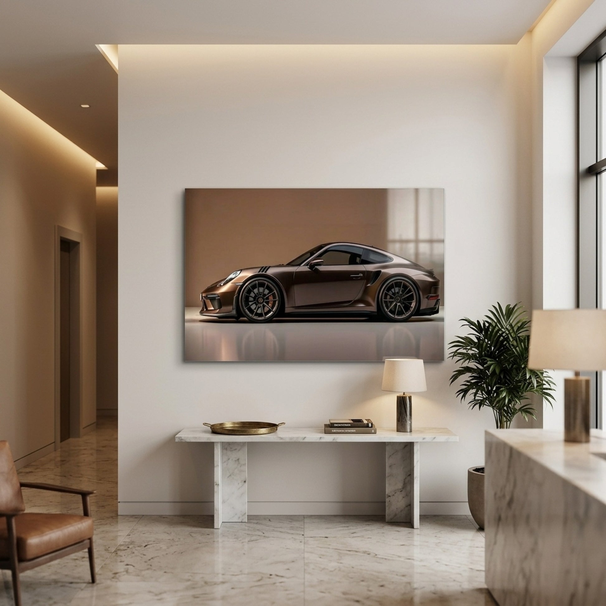 Modern Kahverengi Porsche Spor Araba Profili Yatay Cam Tablo