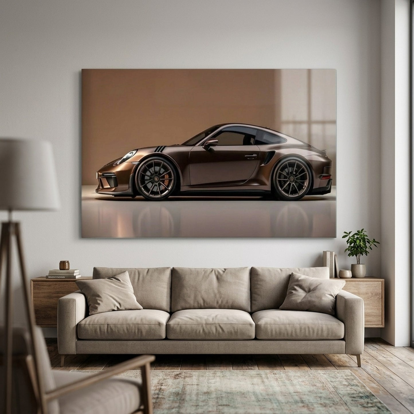 Modern Kahverengi Porsche Spor Araba Profili Yatay Cam Tablo