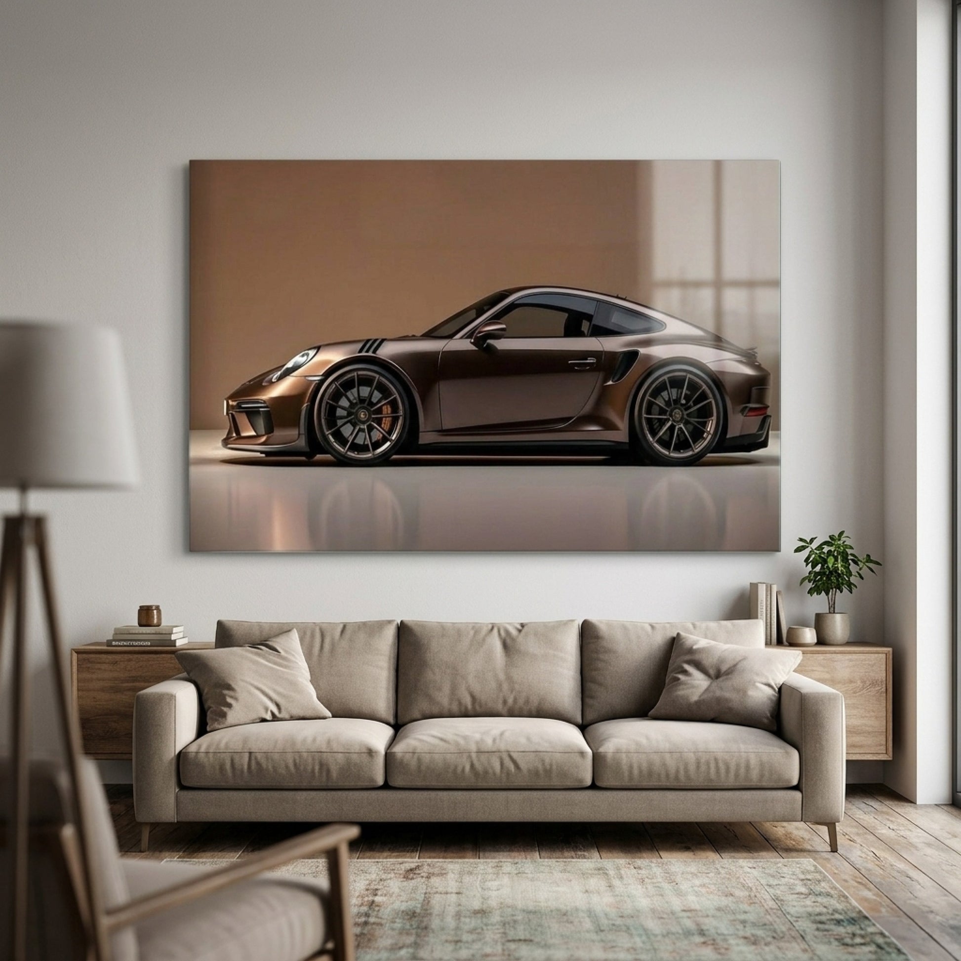 Modern Kahverengi Porsche Spor Araba Profili Yatay Cam Tablo