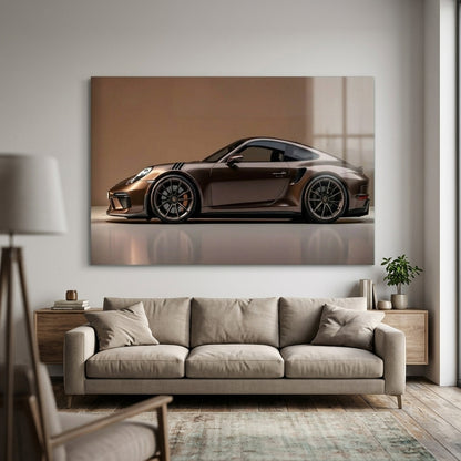 Modern Kahverengi Porsche Spor Araba Profili Yatay Cam Tablo