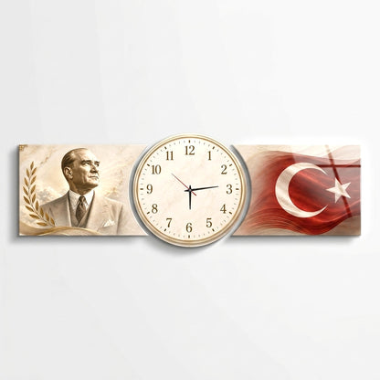 Atatürk Türk Bayrağı Saatli Şekilli Kesim Saat Cam Saat