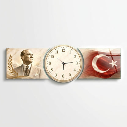 Atatürk Türk Bayrağı Saatli Şekilli Kesim Saat Cam Saat