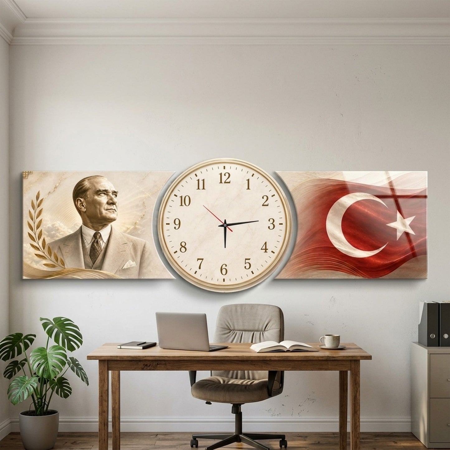 Atatürk Türk Bayrağı Saatli Şekilli Kesim Saat Cam Saat