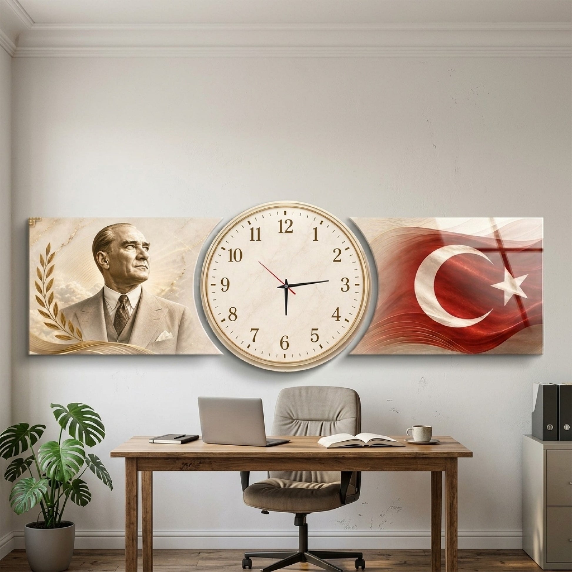 Atatürk Türk Bayrağı Saatli Şekilli Kesim Saat Cam Saat