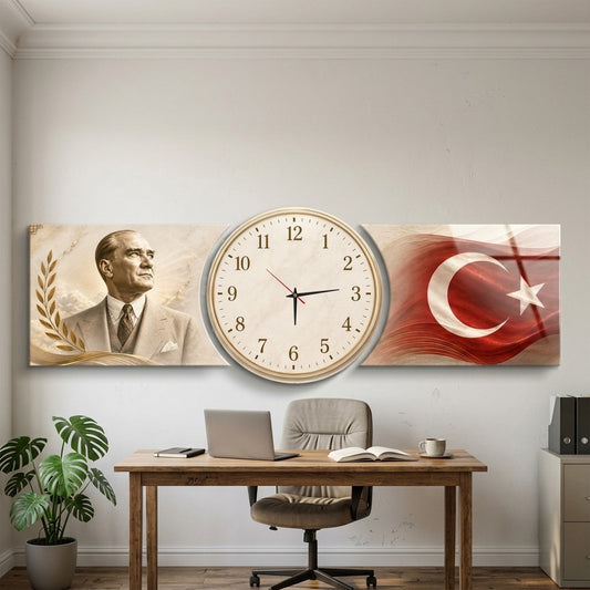 Atatürk Türk Bayrağı Saatli Şekilli Kesim Saat Cam Saat