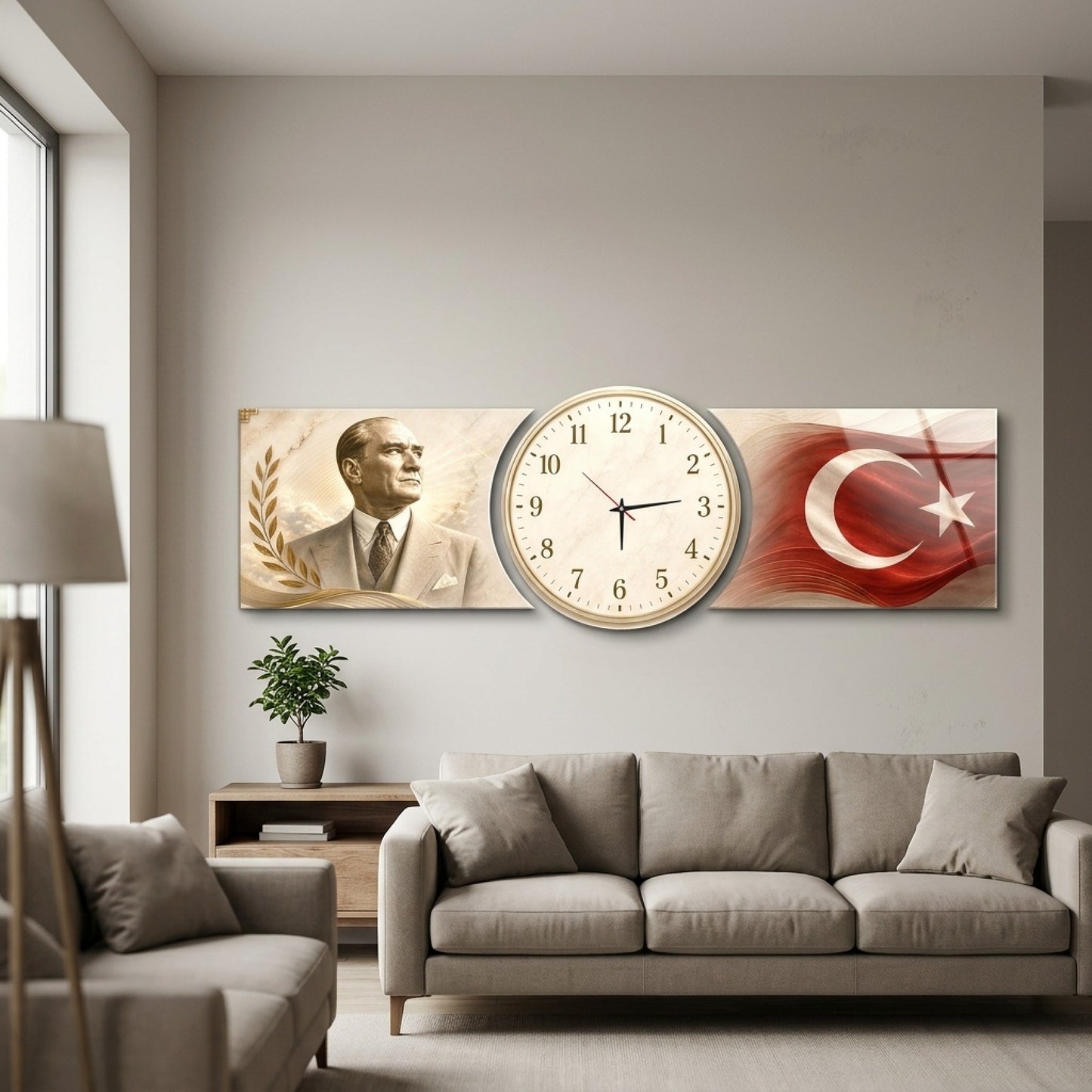 Atatürk Türk Bayrağı Saatli Şekilli Kesim Saat Cam Saat