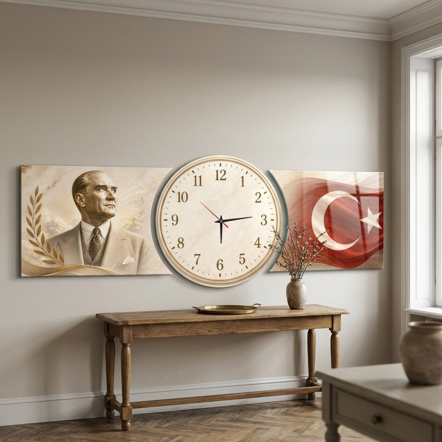 Atatürk Türk Bayrağı Saatli Şekilli Kesim Saat Cam Saat
