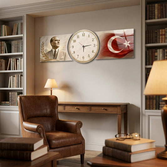 Atatürk Türk Bayrağı Saatli Şekilli Kesim Saat Cam Saat