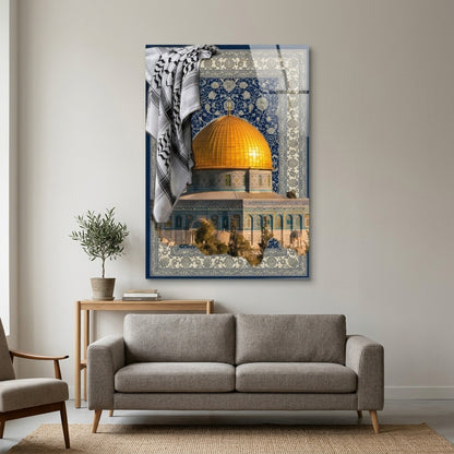 Kubbetü's-Sahra ve Geleneksel Kefiye Desenli Sanat Eseri Dikey Cam Tablo