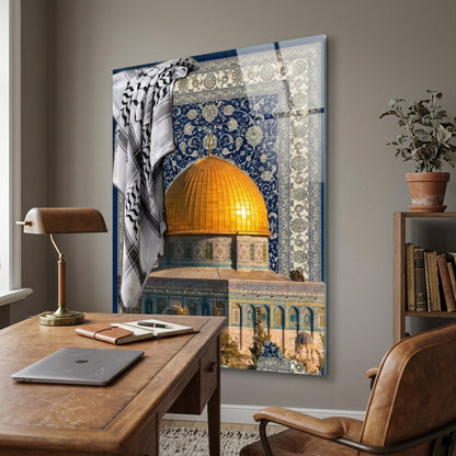 Kubbetü's-Sahra ve Geleneksel Kefiye Desenli Sanat Eseri Dikey Cam Tablo