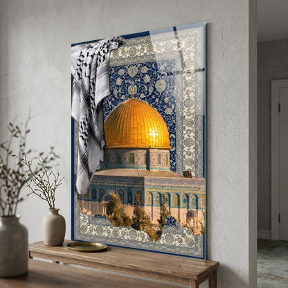 Kubbetü's-Sahra ve Geleneksel Kefiye Desenli Sanat Eseri Dikey Cam Tablo
