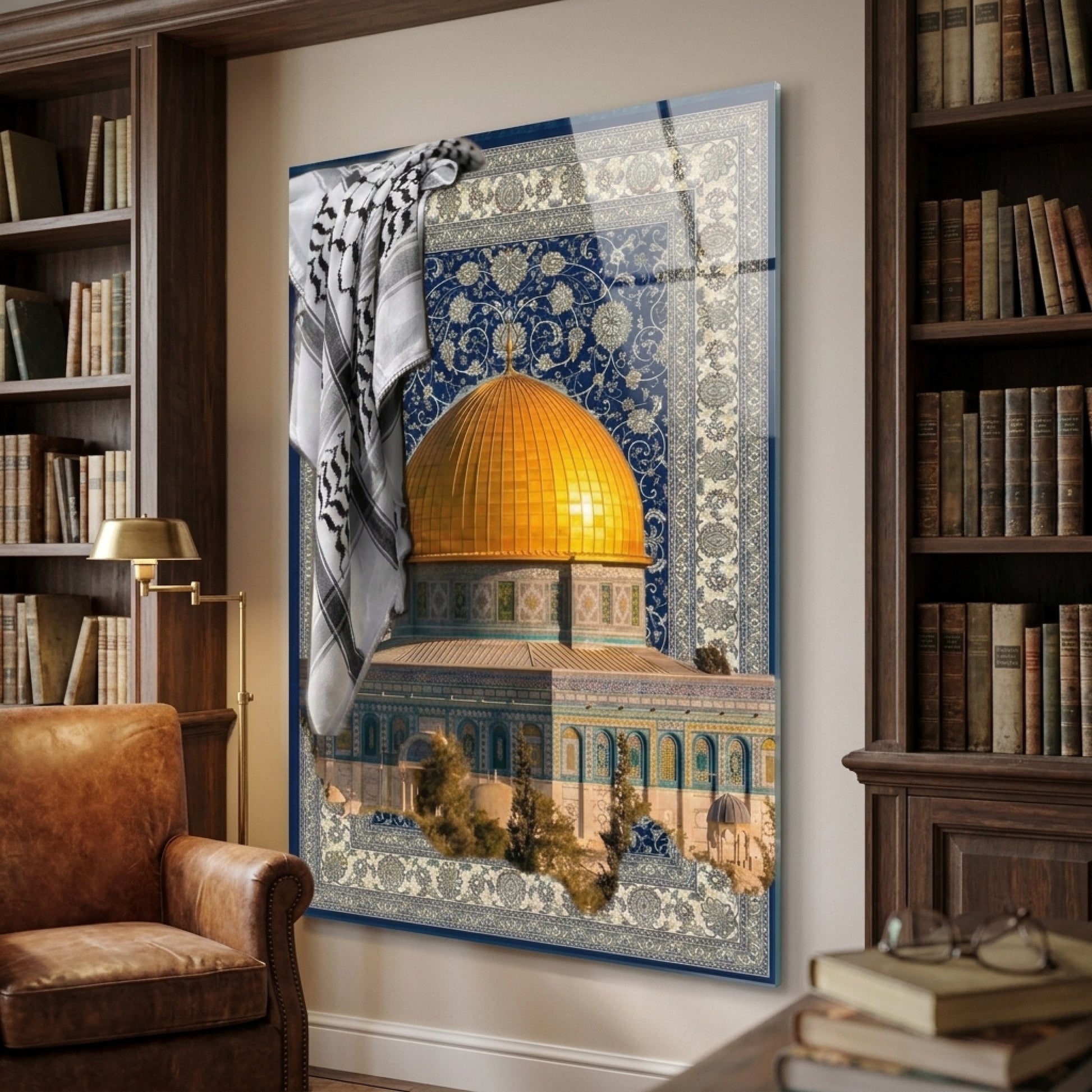 Kubbetü's-Sahra ve Geleneksel Kefiye Desenli Sanat Eseri Dikey Cam Tablo
