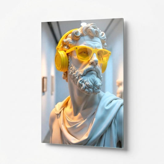 Sarı Kulaklıklı Klasik Heykel Sanat Dikey Cam Tablo