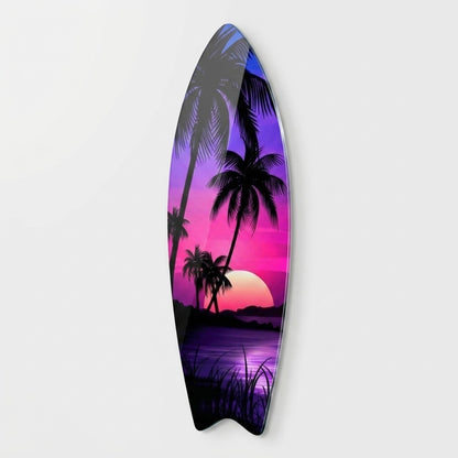 Tropikal Neon Gün Batımı Palmiye Manzarası Surf Board Cam Tablo