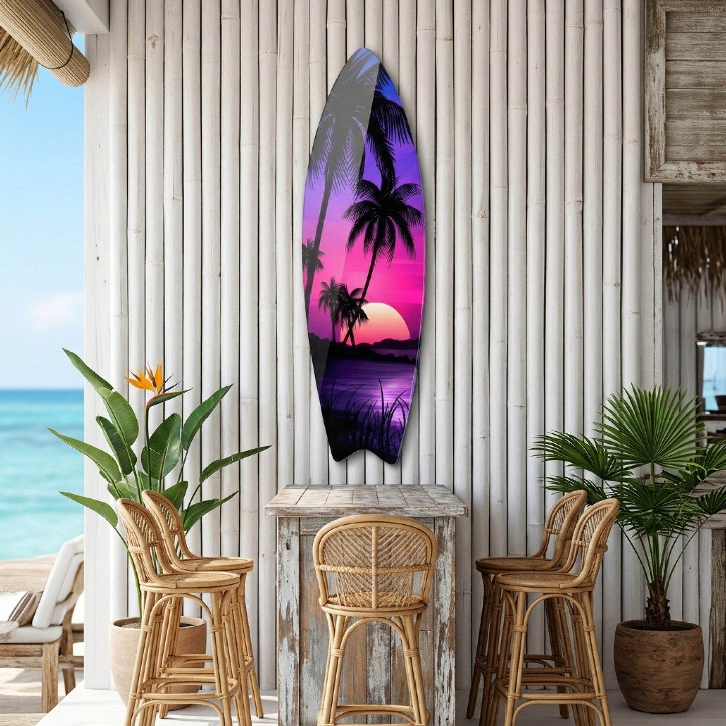 Tropikal Neon Gün Batımı Palmiye Manzarası Surf Board Cam Tablo