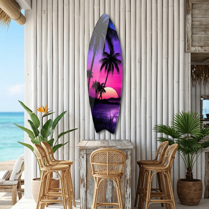 Tropikal Neon Gün Batımı Palmiye Manzarası Surf Board Cam Tablo
