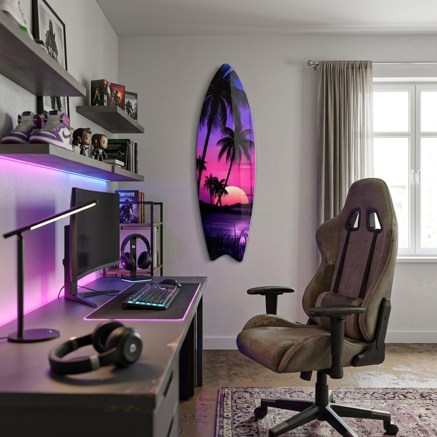 Tropikal Neon Gün Batımı Palmiye Manzarası Surf Board Cam Tablo