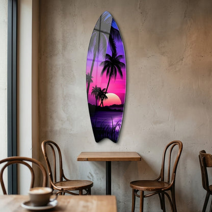 Tropikal Neon Gün Batımı Palmiye Manzarası Surf Board Cam Tablo