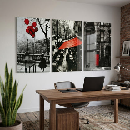 Kirmizi Balon Cafe ve Kapi Sehir Manzarali Dikey 3'lü Set Cam Tablo