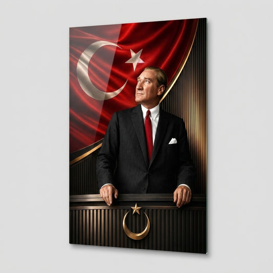 Atatürk Türk Bayrağı Kürsü Temalı Sanatsal Dikey Cam Tablo
