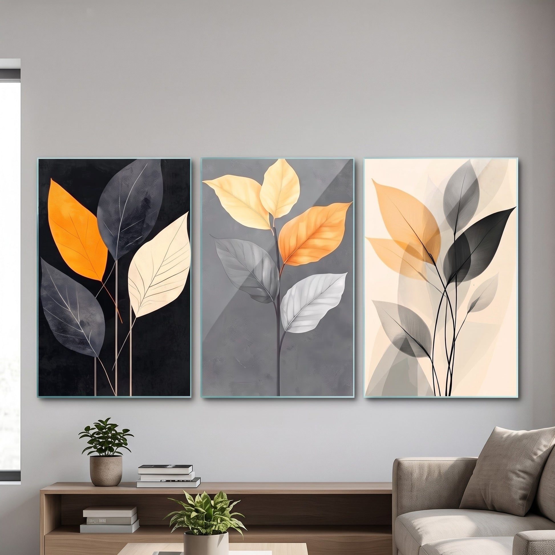Modern Soyut Yaprak Desenli 3lü Set Dikey 3'lü Set Cam Tablo