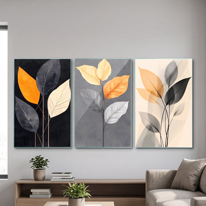 Modern Soyut Yaprak Desenli 3lü Set Dikey 3'lü Set Cam Tablo