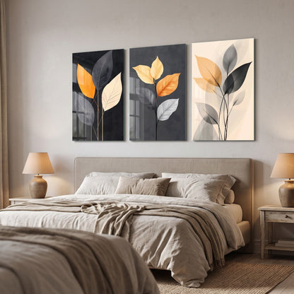Modern Soyut Yaprak Desenli 3lü Set Dikey 3'lü Set Cam Tablo