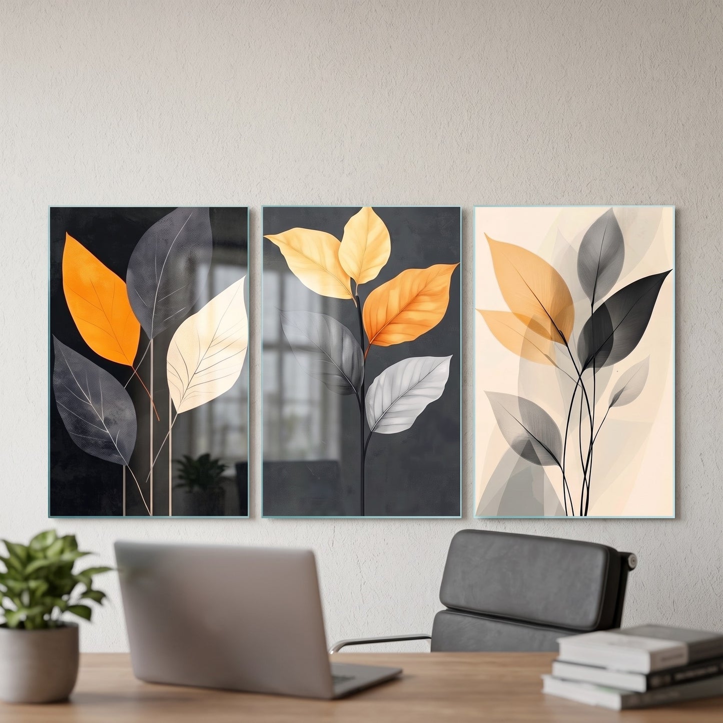 Modern Soyut Yaprak Desenli 3lü Set Dikey 3'lü Set Cam Tablo