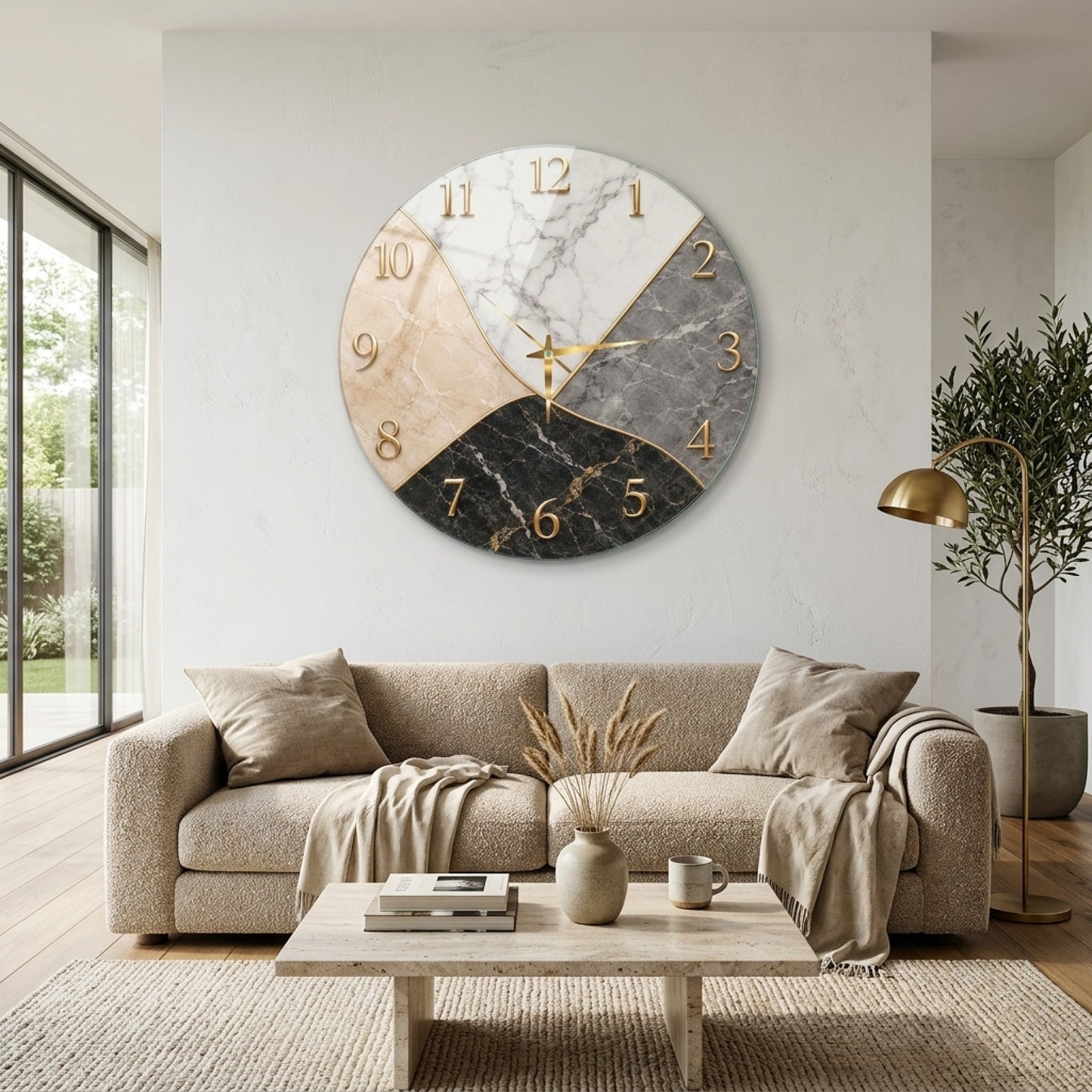 Modern Mermer Desenli Altın Detaylı Saat Cam Saat