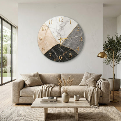 Modern Mermer Desenli Altın Detaylı Saat Cam Saat