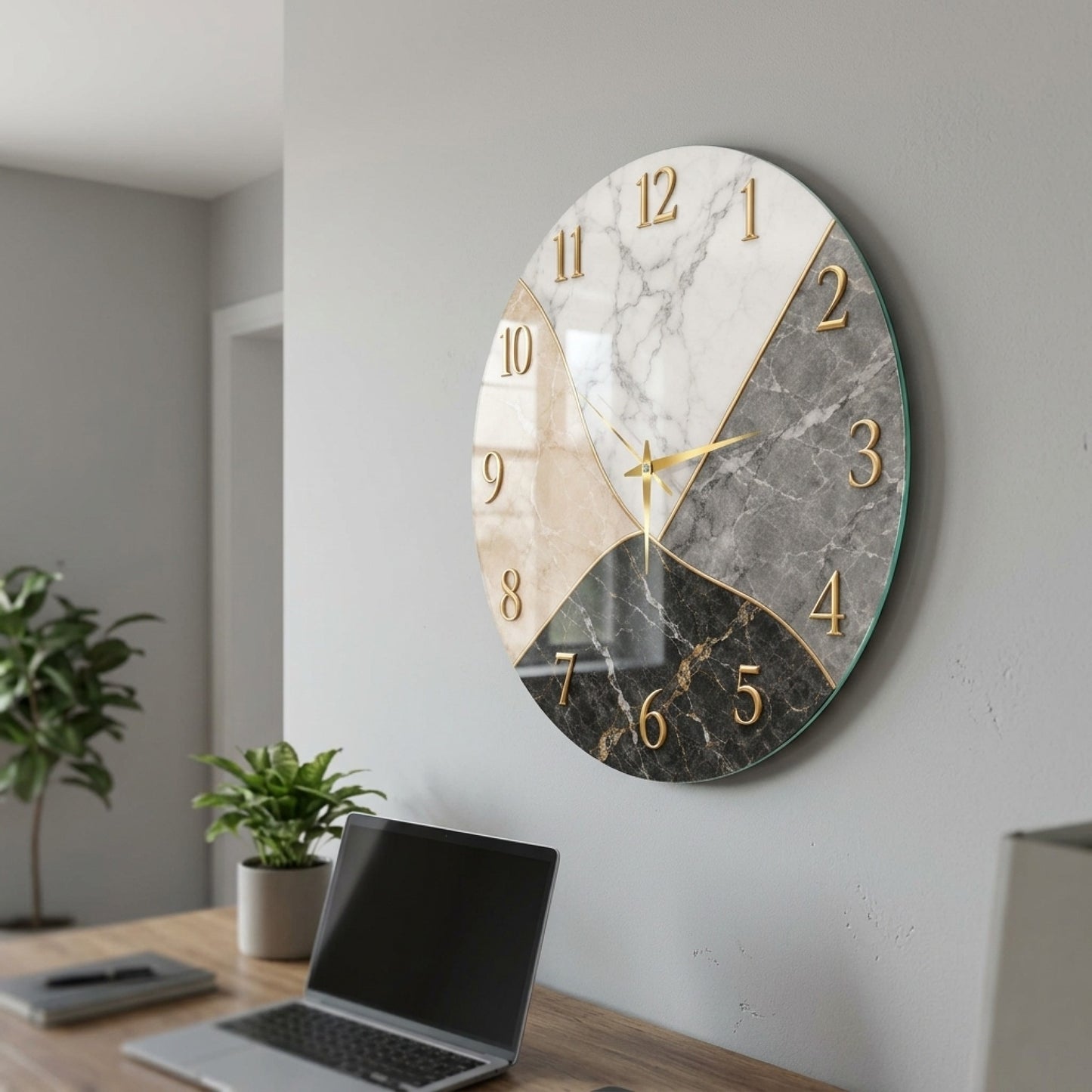 Modern Mermer Desenli Altın Detaylı Saat Cam Saat