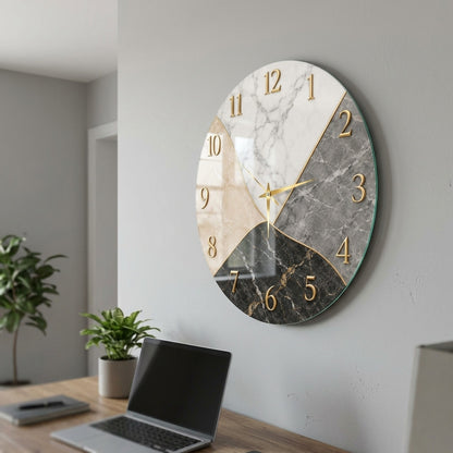 Modern Mermer Desenli Altın Detaylı Saat Cam Saat