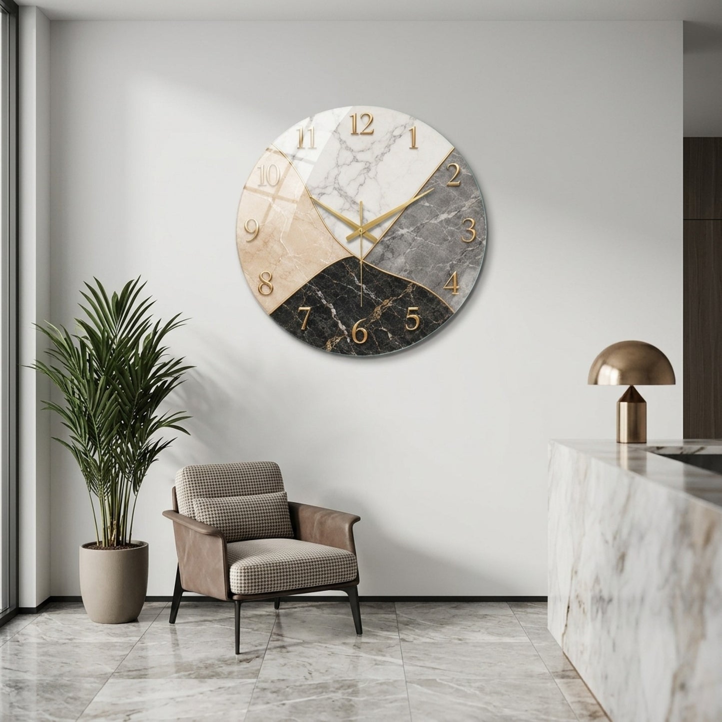 Modern Mermer Desenli Altın Detaylı Saat Cam Saat