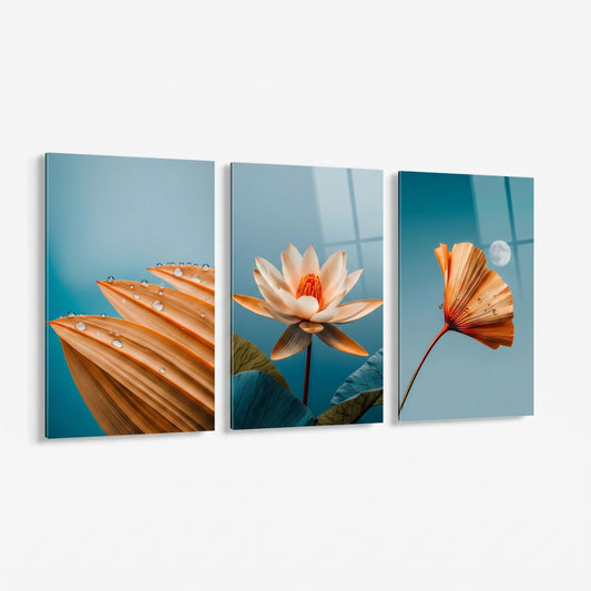 Turuncu Lotus Su Damlası Dikey 3'lü Set Cam Tablo