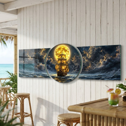 Ayışığında Yelkenli Deniz Manzarası Şekilli Kesim Cam Tablo