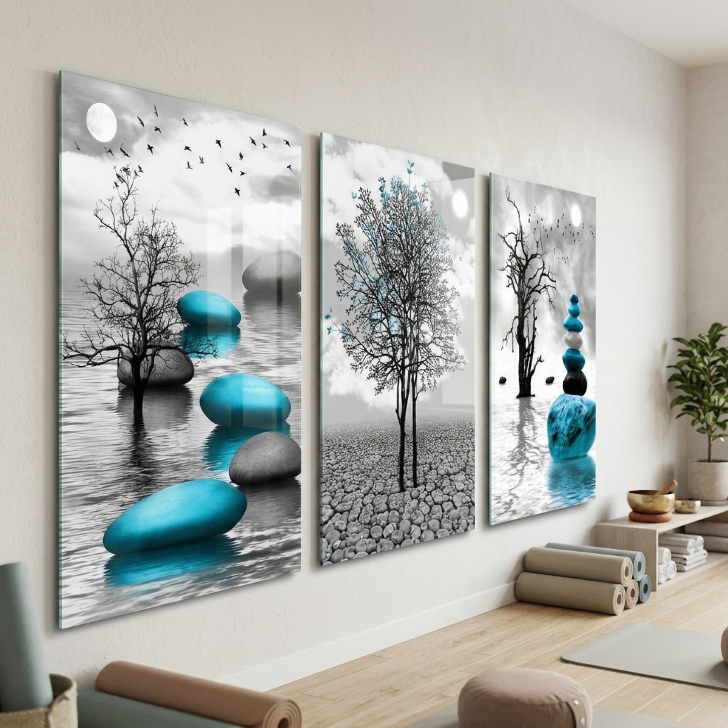 Mavi Zen Taşları Ağaç Dikey 3'lü Set Cam Tablo