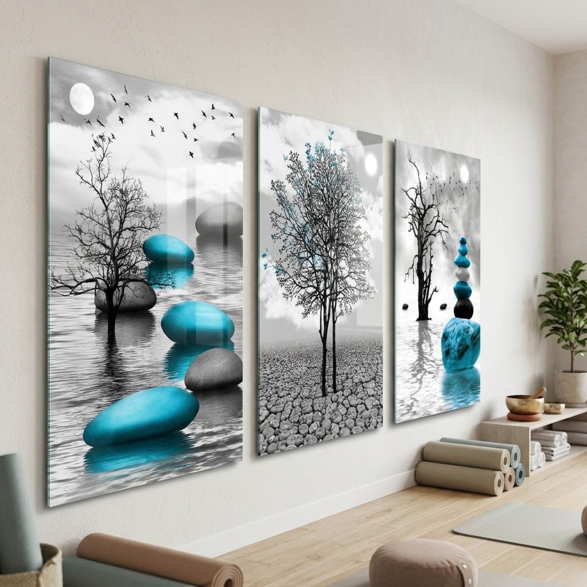 Mavi Zen Taşları Ağaç Dikey 3'lü Set Cam Tablo