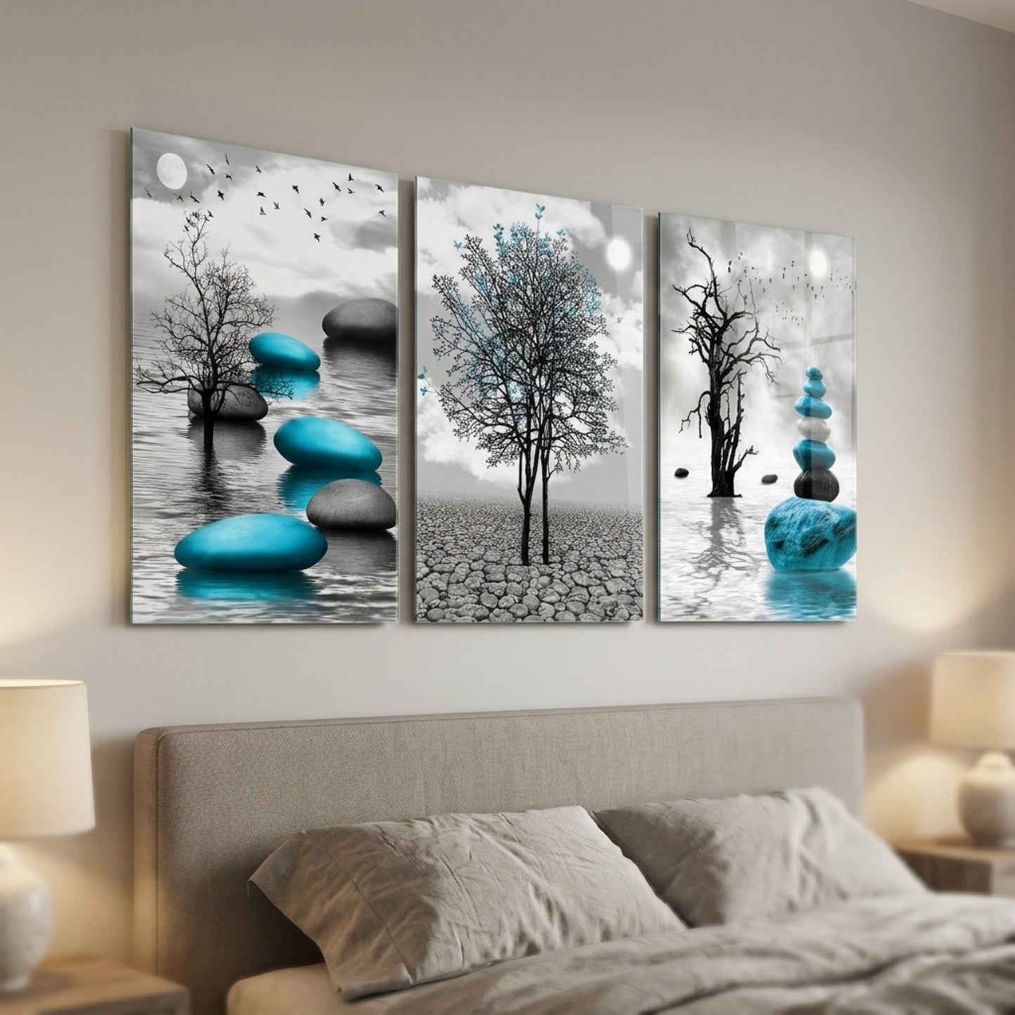 Mavi Zen Taşları Ağaç Dikey 3'lü Set Cam Tablo