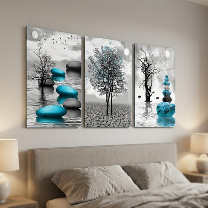 Mavi Zen Taşları Ağaç Dikey 3'lü Set Cam Tablo
