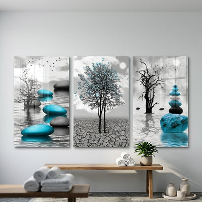 Mavi Zen Taşları Ağaç Dikey 3'lü Set Cam Tablo