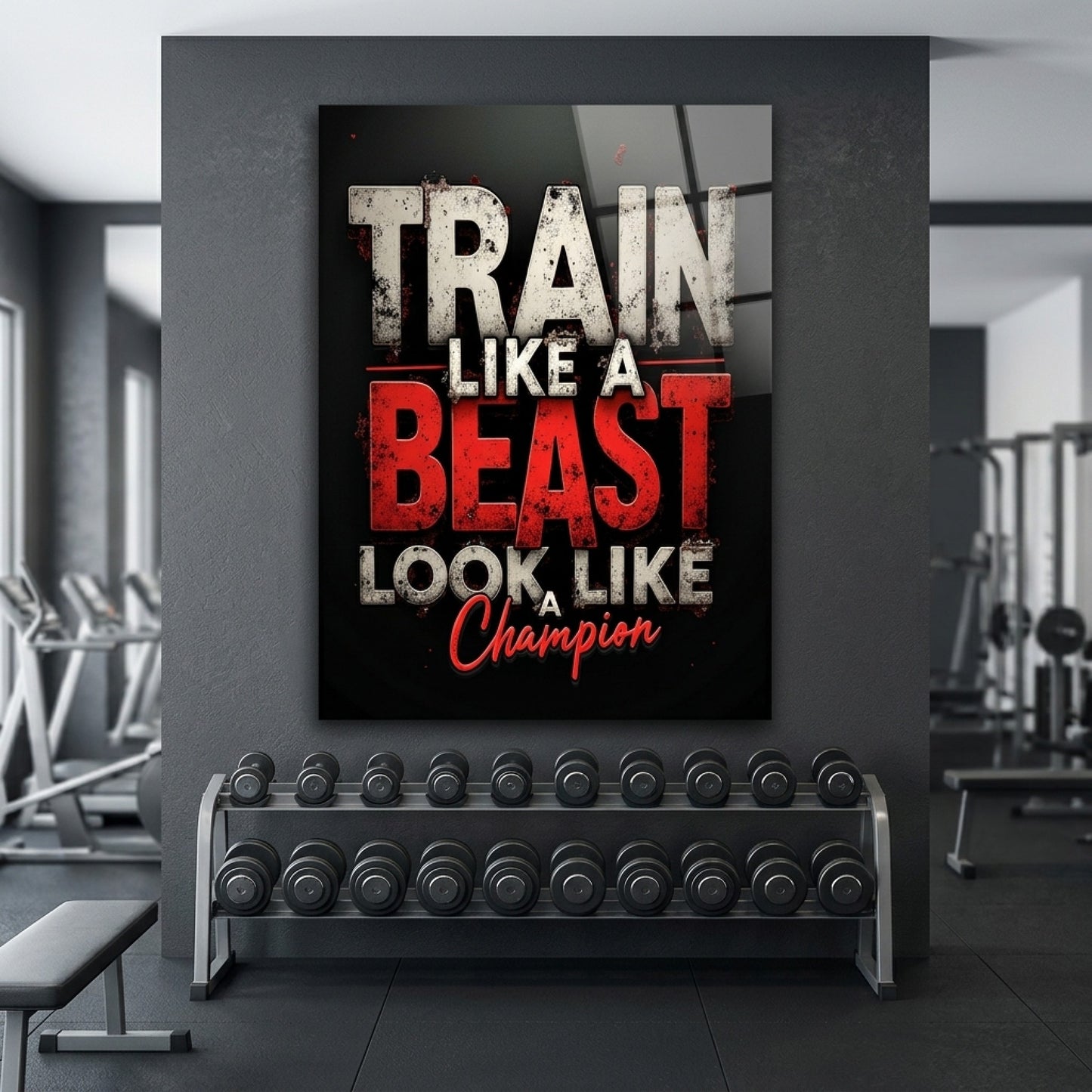 Train Like A Beast Motivasyon Sözlü Tipografi Dikey Cam Tablo