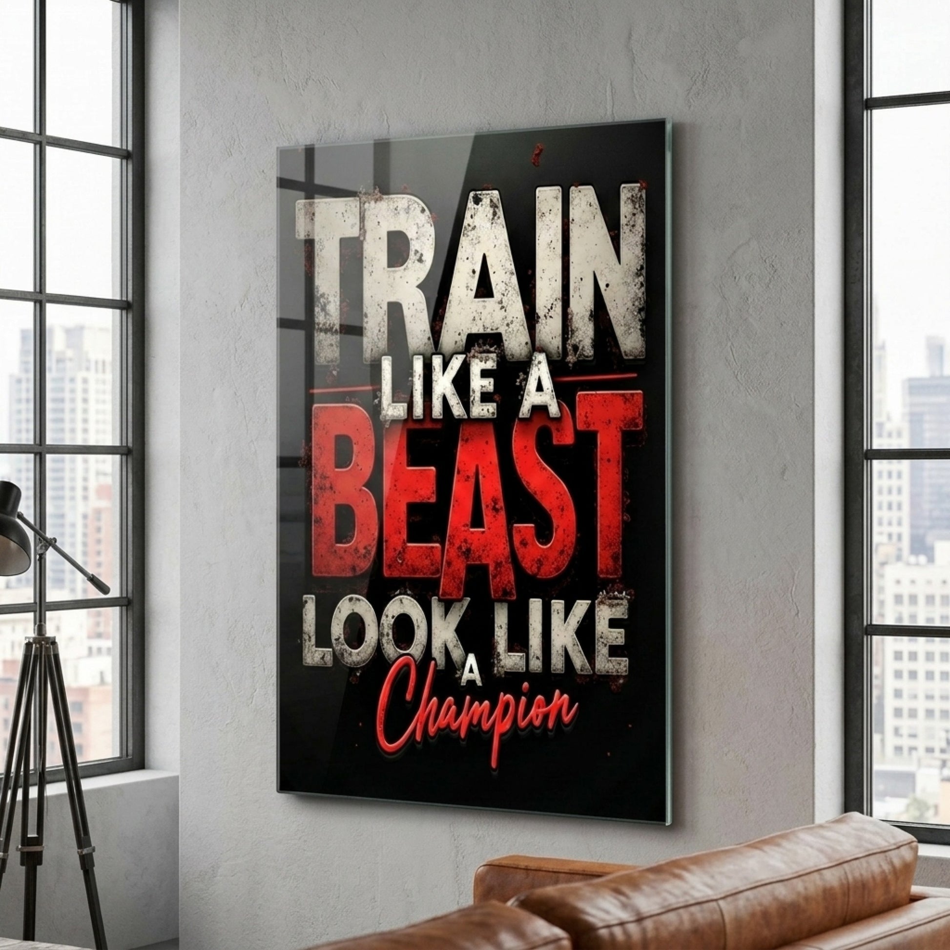 Train Like A Beast Motivasyon Sözlü Tipografi Dikey Cam Tablo